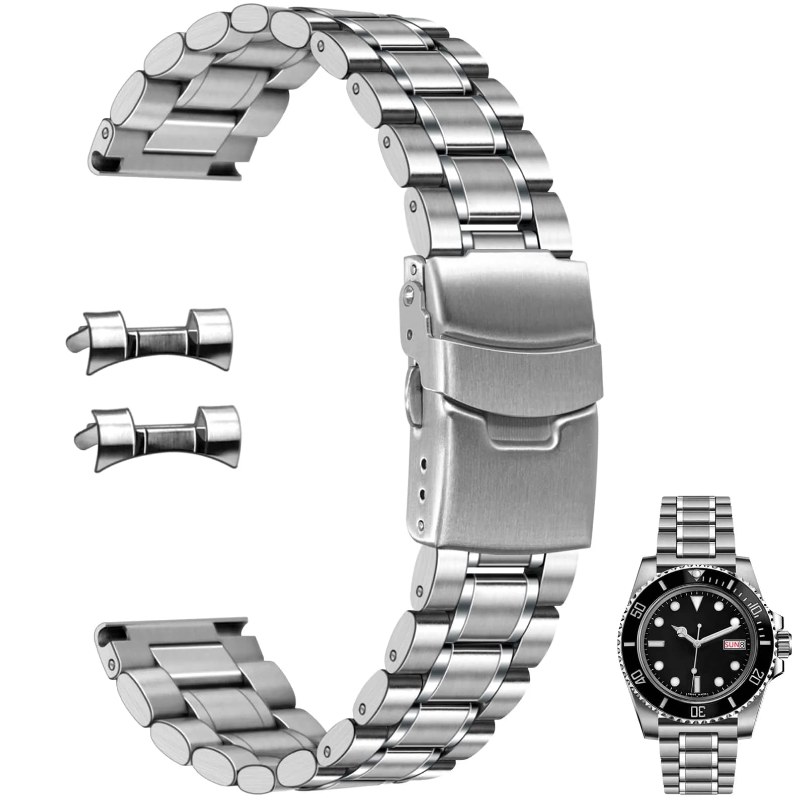 Juntan 20mm Stainless Steel Watch Band Silver | Quick Release Metal Bracelet with Double Folding Buckle - main product image