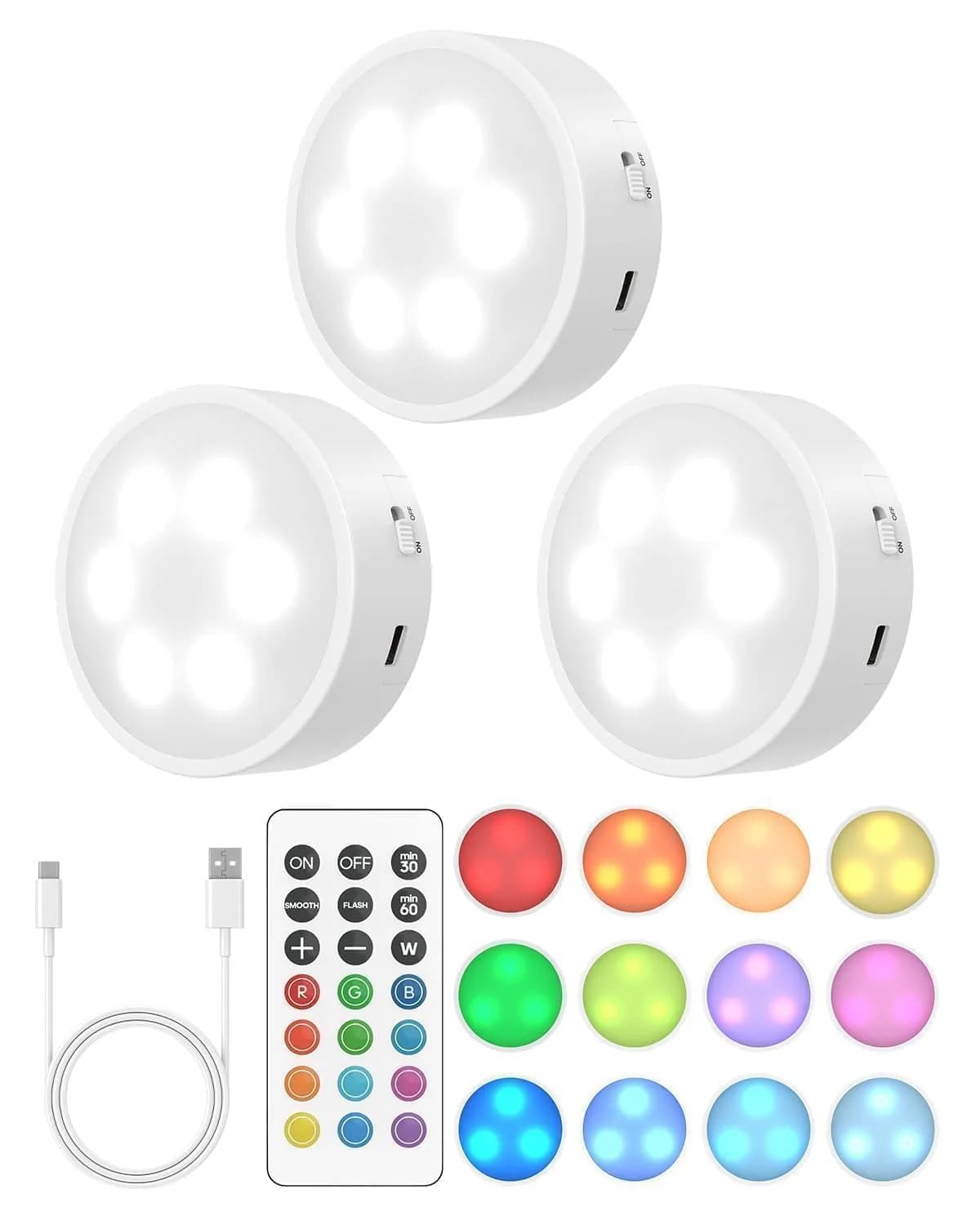 GOODEA.fun Rechargeable Puck Lights with Remote, 13 RGB Colors, 3 Pack | Modern LED Tap Lights for Cabinets & Shelves — White&RGB