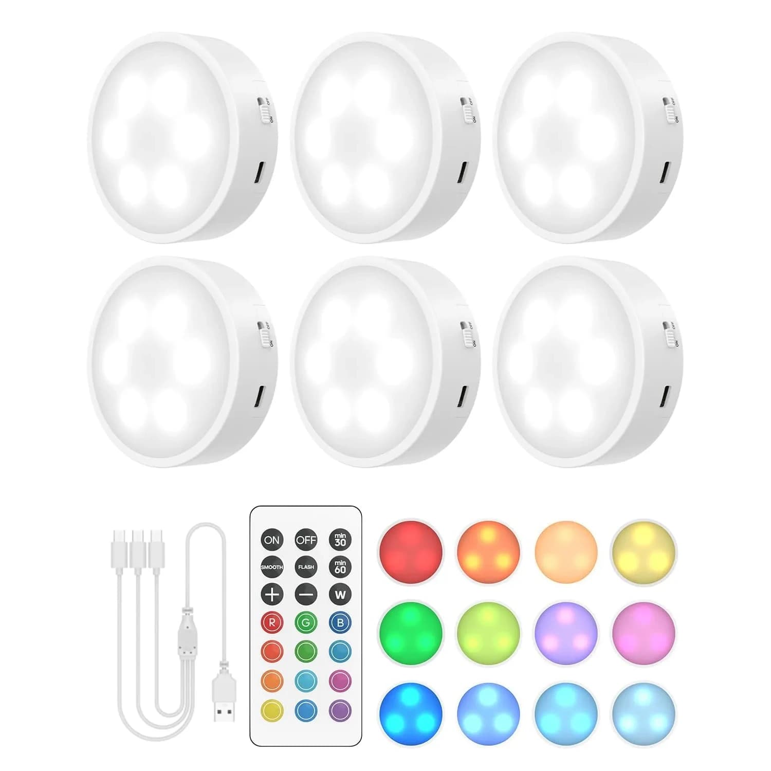 GOODEA.fun Rechargeable Puck Lights with Remote, 6 Pack White & 13 RGB Colors, 8.5cm (3.3in) Diameter
