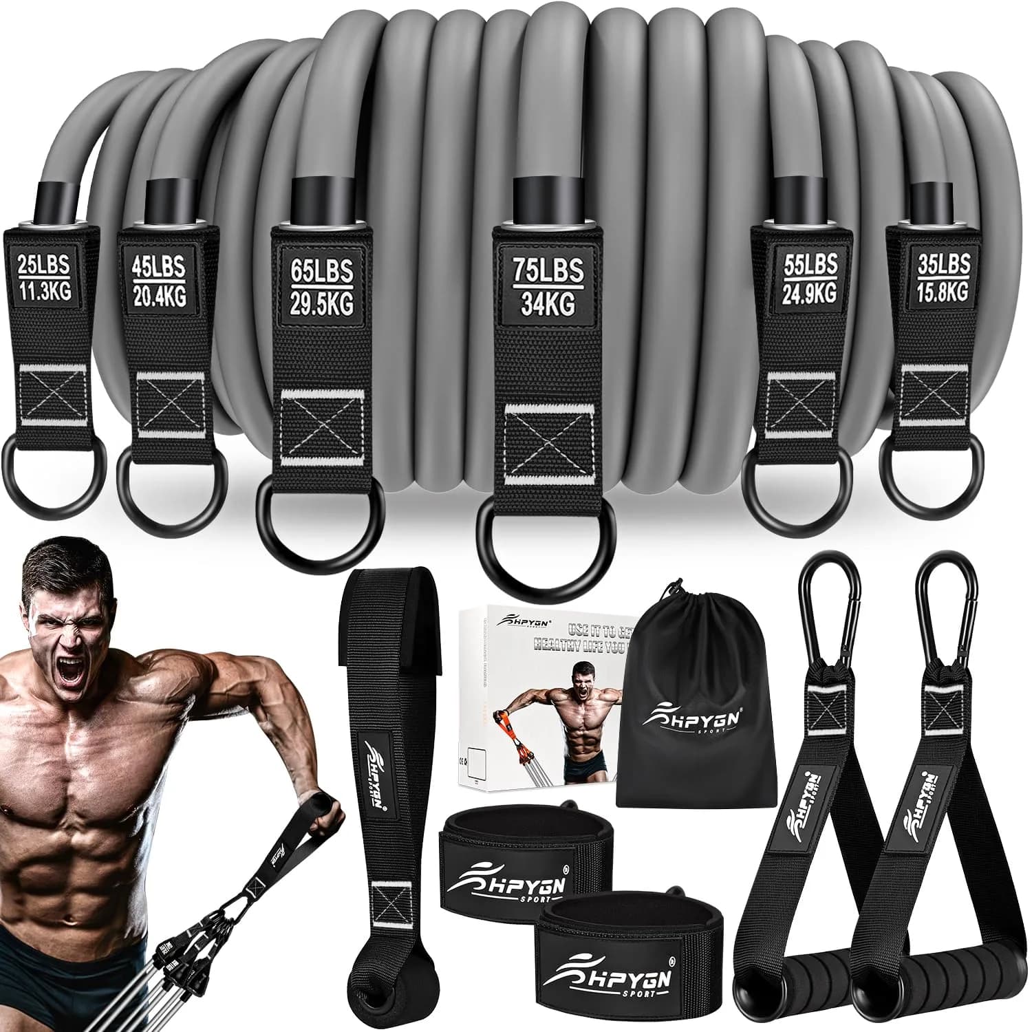 HPYGN Heavy Resistance Bands Set with Handles for Men | 300lbs Max Tension, 6 Levels