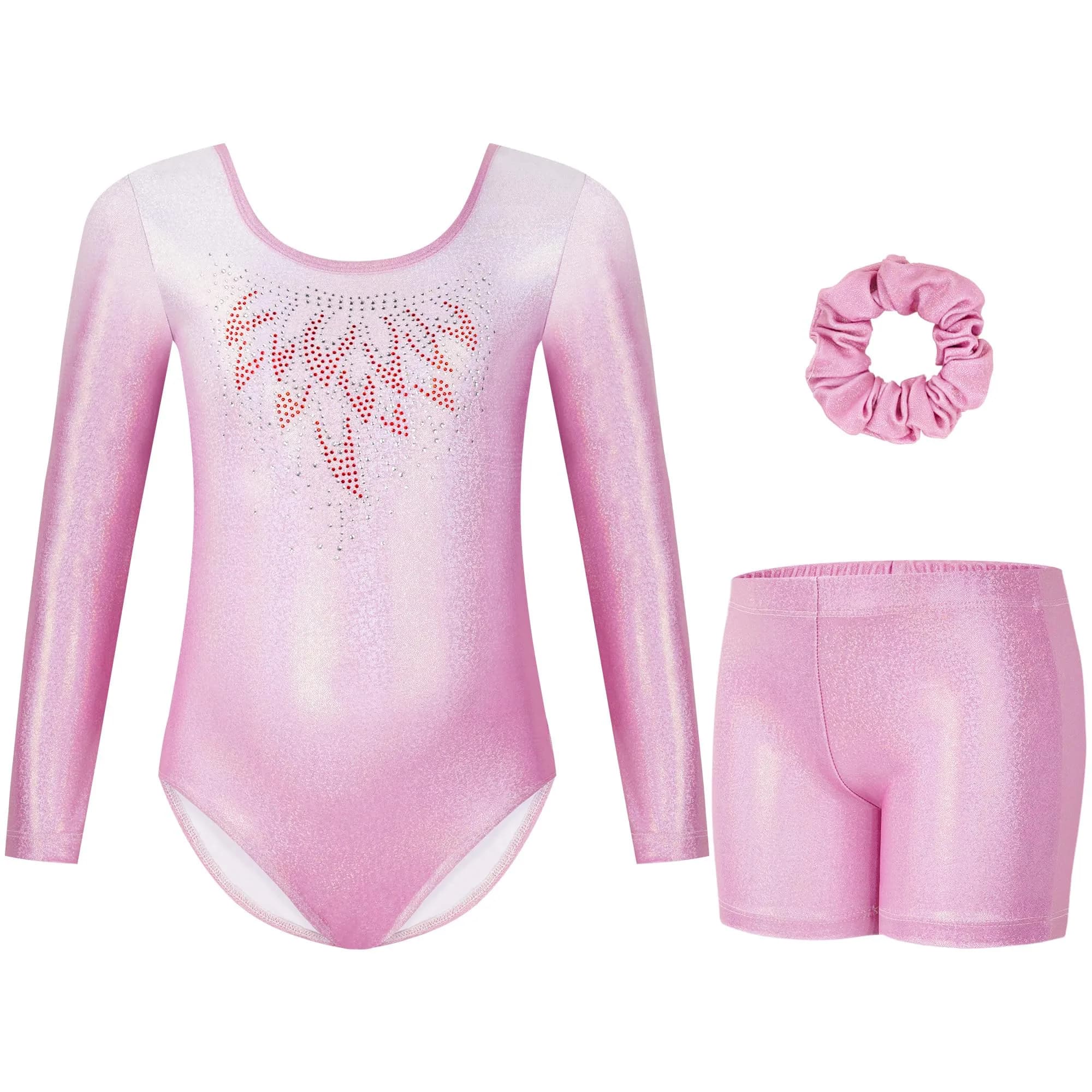 Gogokids Girls Long Sleeve 3 Pcs Gymnastics Leotard Set with Shorts | Sparkling Rhinestone Design for Activewear - main product image