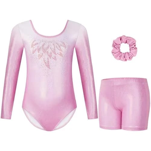 Gogokids Girls Long Sleeve 3 Pcs Gymnastics Leotard Set with Shorts | Sparkling Rhinestone Design for Activewear thumbnail 1