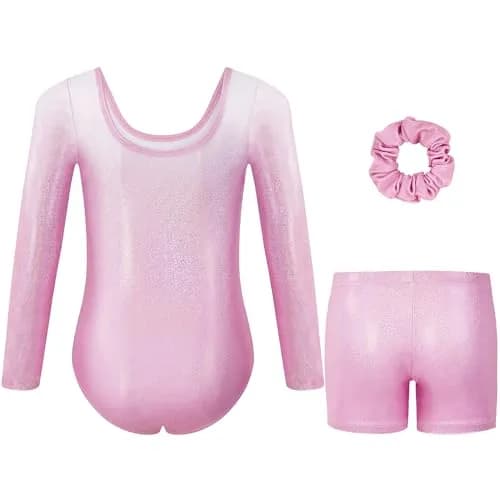 Gogokids Girls Long Sleeve 3 Pcs Gymnastics Leotard Set with Shorts | Sparkling Rhinestone Design for Activewear thumbnail 2