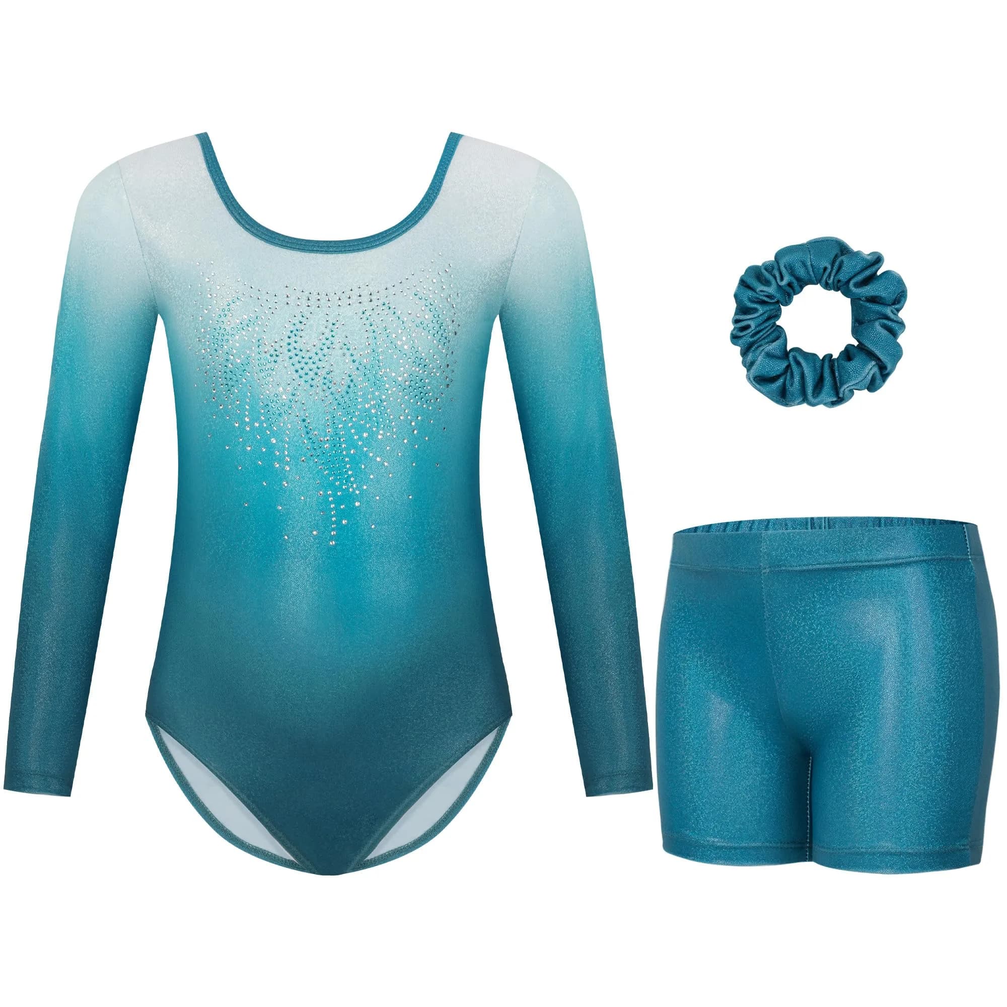 Gogokids Girls Long Sleeve 3 Pcs Gymnastics Leotard Set with Shorts | Sparkling Rhinestone Design for Activewear (70-120c) - main product image