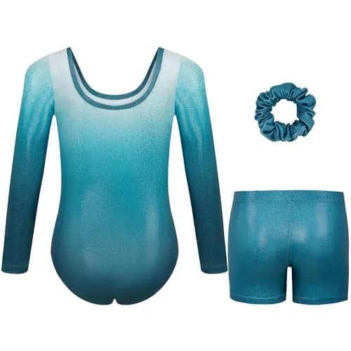 Gogokids Girls Long Sleeve 3 Pcs Gymnastics Leotard Set with Shorts | Sparkling Rhinestone Design for Activewear (70-120c) thumbnail 2