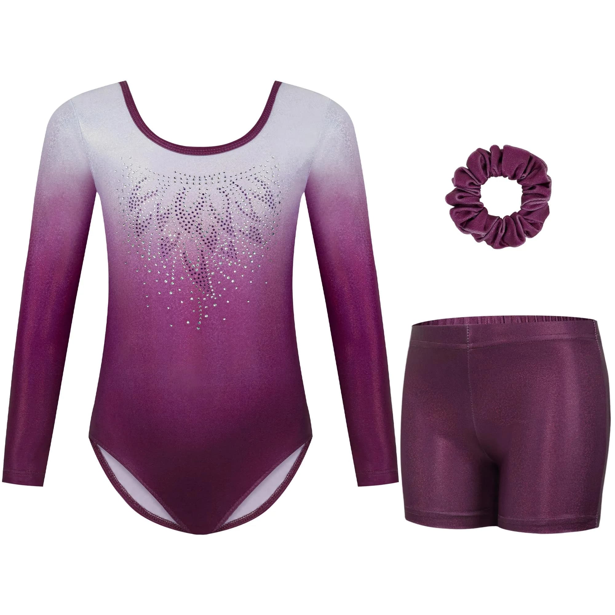 Gogokids Girls Long Sleeve 3 Pcs Gymnastics Leotard Set with Shorts | Sparkling Rhinestone Design for Activewear — A-purple