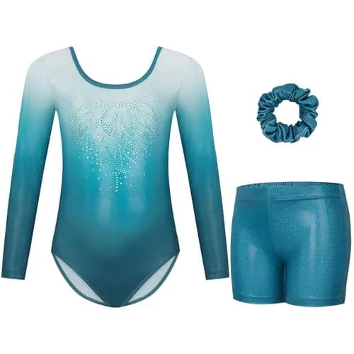Gogokids Girls Long Sleeve Gymnastics Leotard Set with Shorts & Scrunchie, Green, 11-12 Years | Sparkle Rhinestone Dance Outfit thumbnail 1