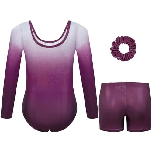 Gogokids Girls Long Sleeve 3 Pcs Gymnastics Leotard Set with Shorts | Sparkling, Durable & Comfortable for Active Kids thumbnail 2
