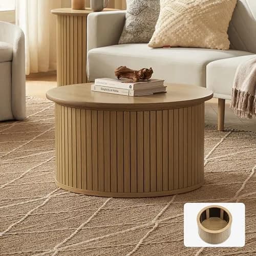 mopio Quin Tambour Round Circle Coffee Table with Storage | Mid Century Modern Oak thumbnail 1
