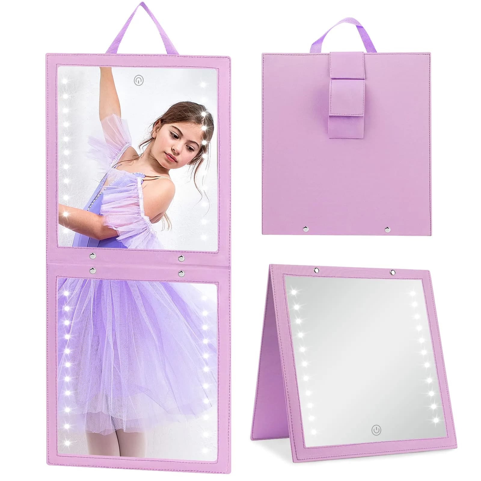 Fabuday Lighted Hanging Mirror for Dance Backstage - Rechargeable Folding LED Full Length Mirror with Lights for Dancers, Portable Foldable Travel Body Mirrors, Brightness Adjustable, Purple (11.5x12.3 inch)