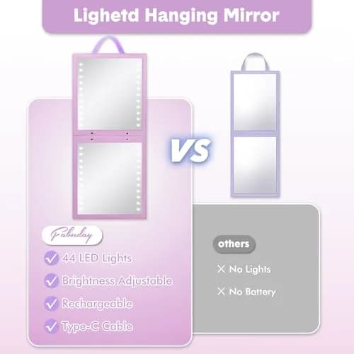 Fabuday Lighted Hanging Mirror for Dance Backstage - Rechargeable Folding LED Full Length Mirror with Lights for Dancers, Portable Foldable Travel Body Mirrors, Brightness Adjustable, Purple (11.5x12.3 inch) thumbnail 3