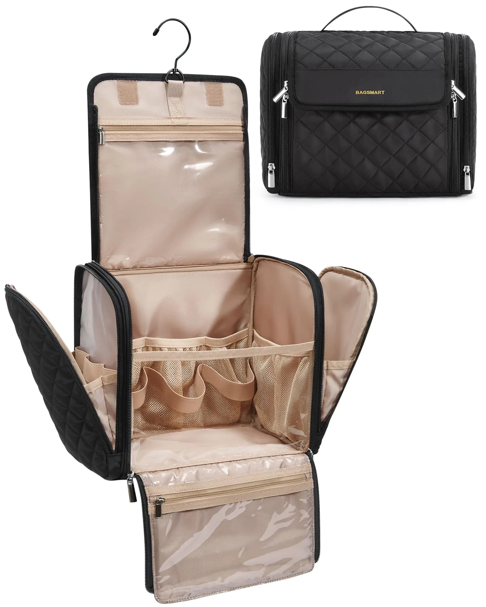 BAGSMART Hanging Toiletry Bag for Women, Large Capacity Cosmetic Organizer Case with Hook, Water-resistant Makeup Bag for Travel, Beige — Black / X-Large