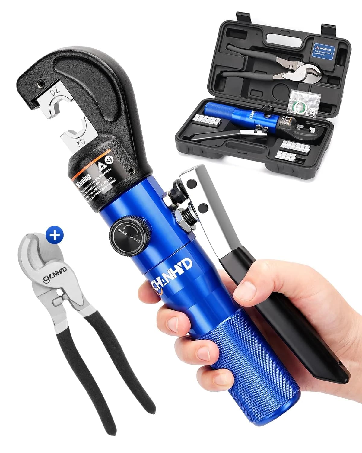 CHANHYD Hydraulic Wire Battery Cable Lug Terminal Crimper with 9 Dies for 12 AWG to 2/0 Electrical Terminal Cables | 8 US Ton Force — Crimper with cutter