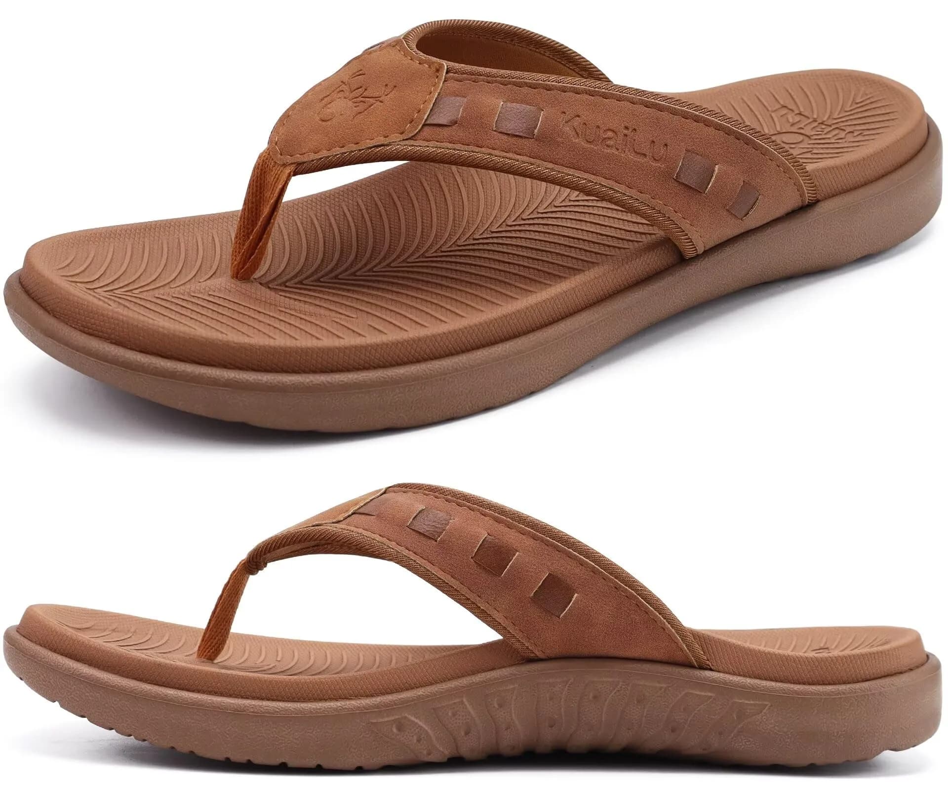 KuaiLu Men's Leather Flip Flops Orthotic Thong Sandals With Arch Support - Size 9 (US Men's)