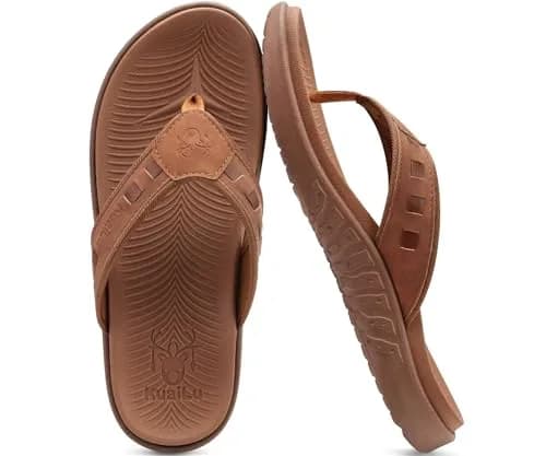 KuaiLu Men's Leather Flip Flops Orthotic Thong Sandals With Arch Support - Size 9 (US Men's) thumbnail 4