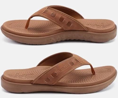 KuaiLu Men's Leather Flip Flops Orthotic Thong Sandals With Arch Support - Size 9 (US Men's) thumbnail 9