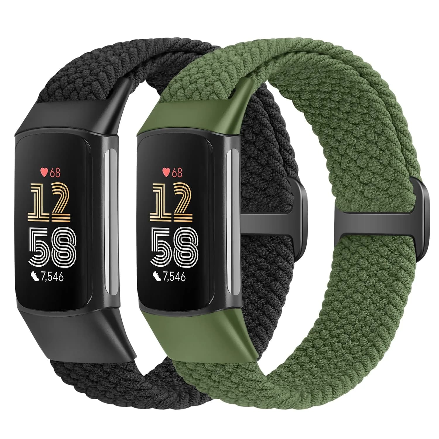 VNDAPT Elastic Braided Bands for Fitbit Charge 5 & 6 | Breathable, Adjustable Nylon Wristbands (20mm, 9.84 inches) — Black+Olive