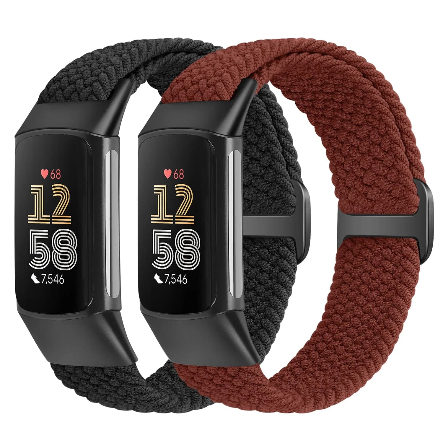 VNDAPT Elastic Braided Bands for Fitbit Charge 5 & 6 | Breathable, Adjustable Nylon Wristbands (20mm, 9.84 inches) — Black+Burgundy