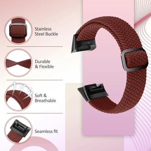 VNDAPT Elastic Braided Bands for Fitbit Charge 5/6 - Black+Burgundy | 22mm (0.9 inch) Width | Adjustable Nylon Sport Strap thumbnail 2