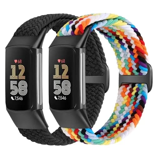 VNDAPT Elastic Braided Bands for Fitbit Charge 5/6 - Black+Official Rainbow | Adjustable Nylon Loop (20mm Width) thumbnail 1