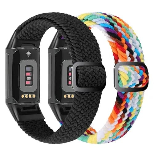VNDAPT Elastic Braided Bands for Fitbit Charge 5/6 - Black+Official Rainbow | Adjustable Nylon Loop (20mm Width) thumbnail 2