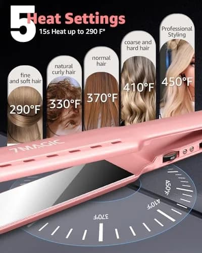 7MAGIC Nano Titanium 1.7" Flat Iron Hair Straightener for Thick Hair, Pink | Fast Styling & Damp-to-Dry Hair thumbnail 4