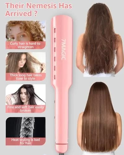 7MAGIC Nano Titanium 1.7" Flat Iron Hair Straightener for Thick Hair, Pink | Fast Styling & Damp-to-Dry Hair thumbnail 5