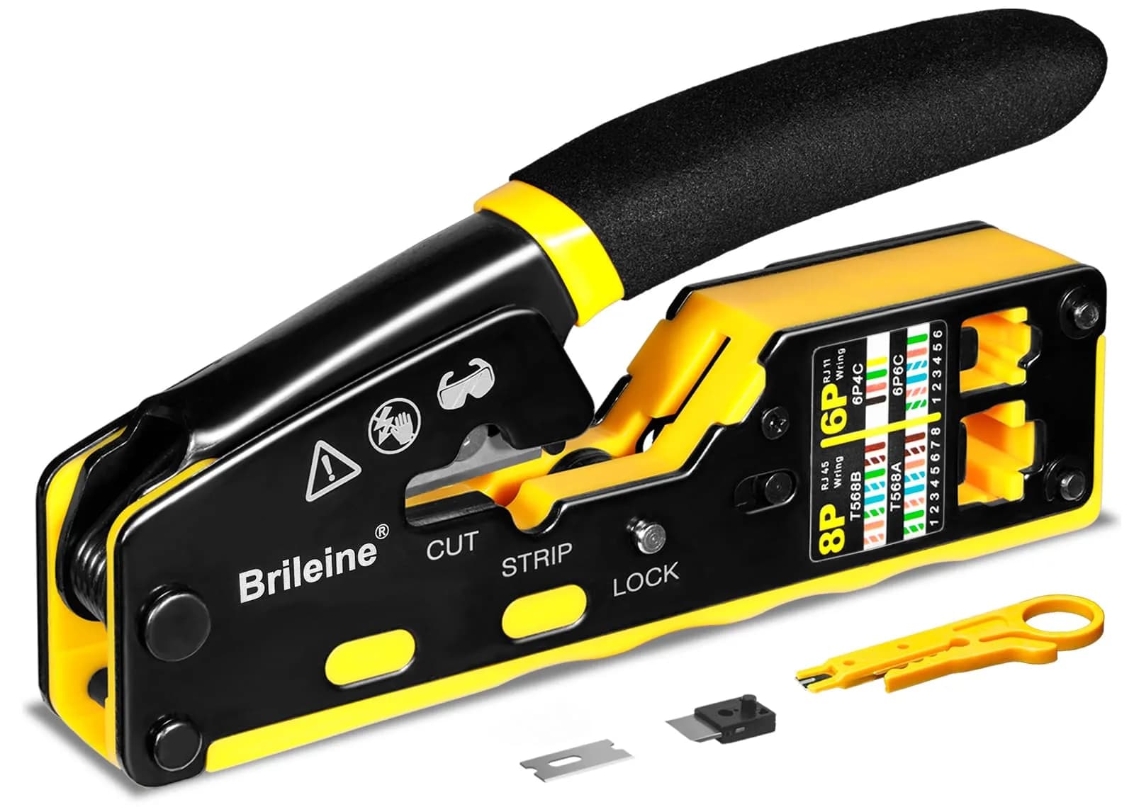 Brileine RJ45 Crimp Tool Pass Through Crimper Kit with Cable Tester & Stripper | 2.7 x 5.3 inches — Crimper -Yellow