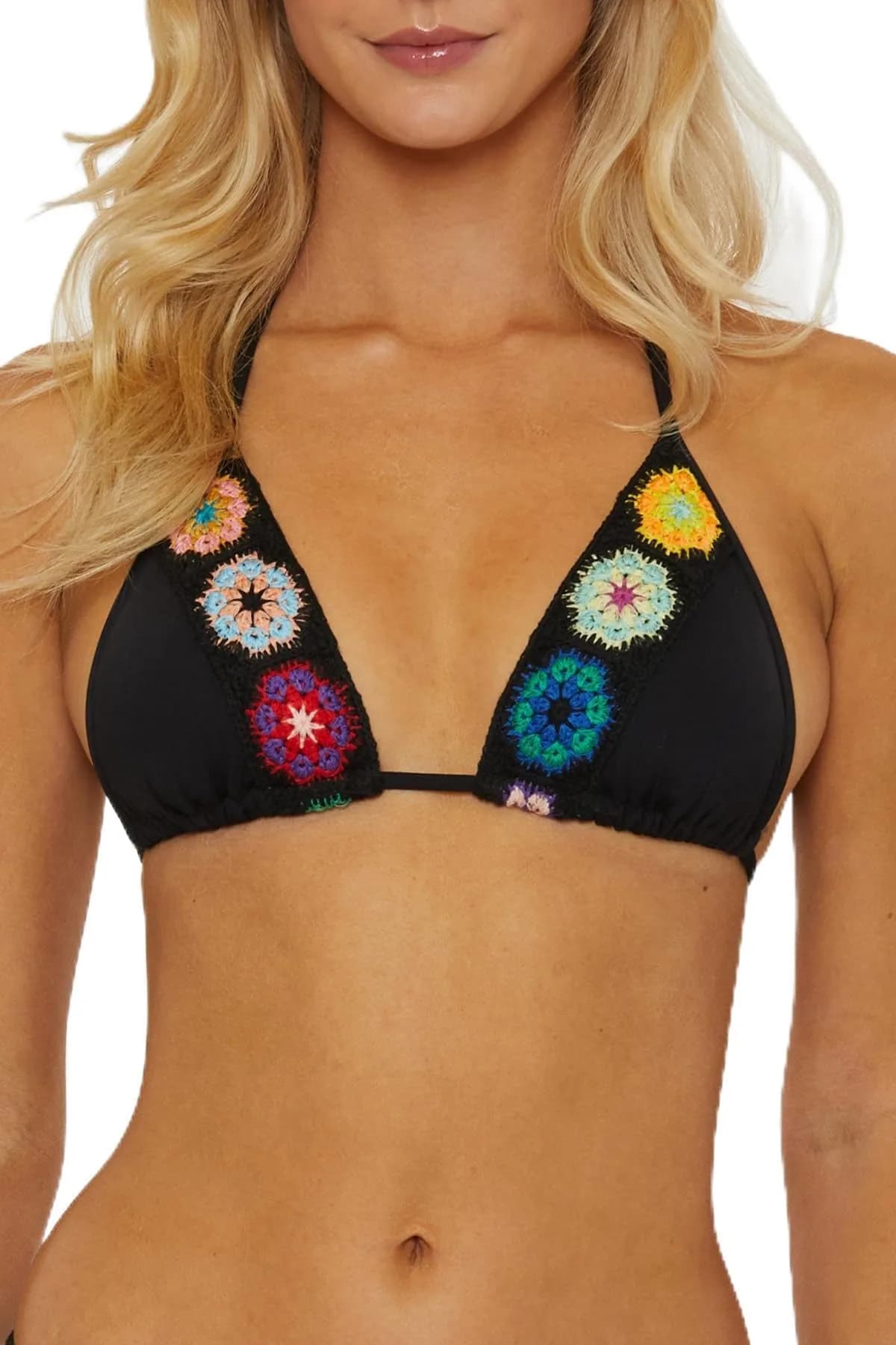 ISABELLA ROSE Women's 1969 Triangle Bikini Top Adjustable Tie Back Small | Classic Swimwear with Crochet Detail — Black