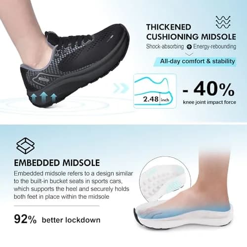 JACKSHIBO Wide Toe Box Shoes Women Arch Support Wide Sneakers for Running Walking Athletic Tennis Orthopedic Plantar Fasciitis Workout with Thick Cushion Zero Drop Sole Width Shoes Black thumbnail 7