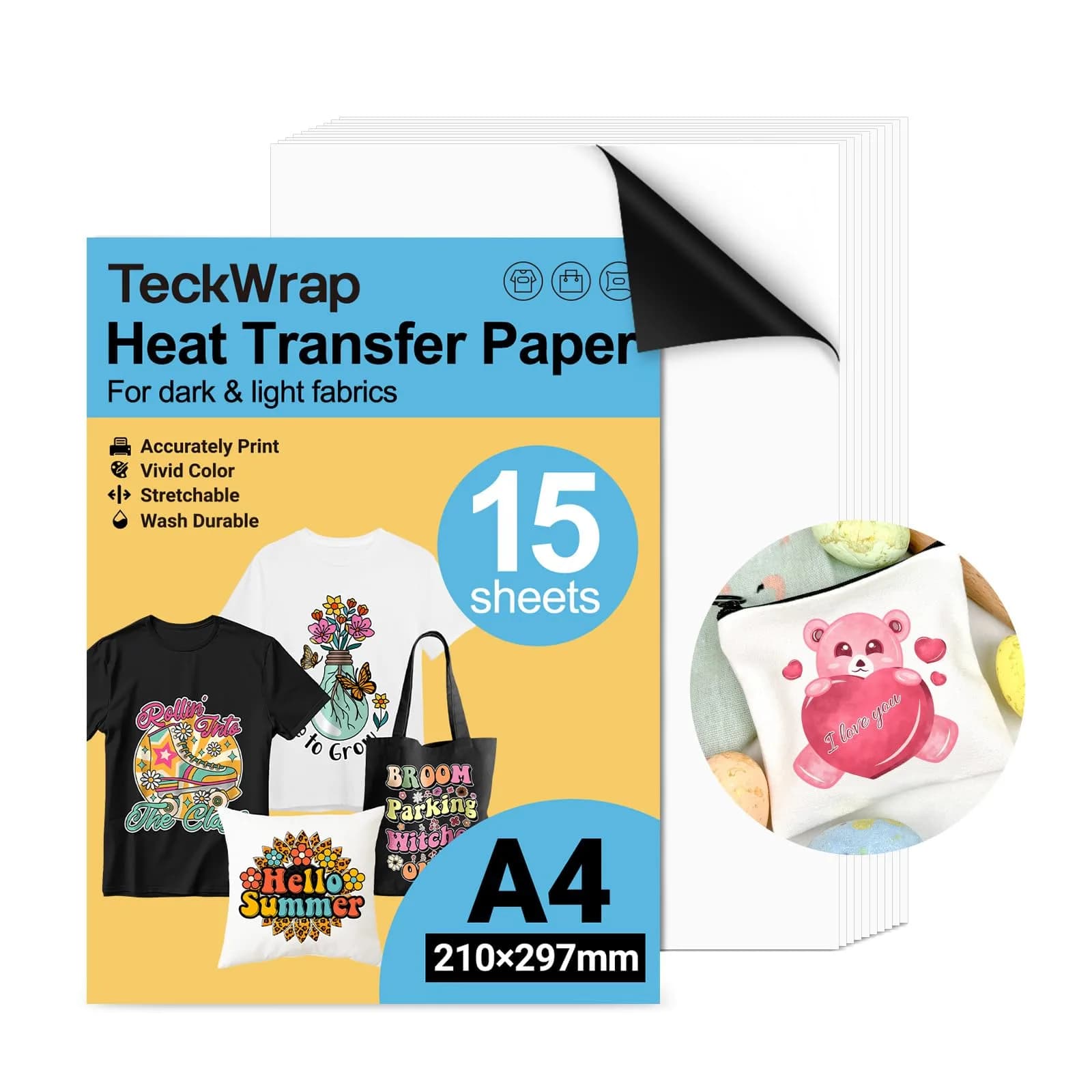 TECKWRAP Printable Heat Transfer Paper for T-Shirts 15 Sheets, 8.3" X 11.7" | Vibrant Colors & Durable Wash
