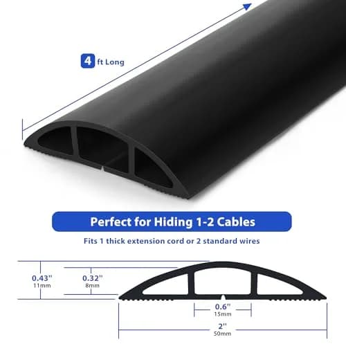 ZhiYo Floor Cord Cover 4ft (1.22m) Black | Hides 1-2 Cables, Prevents Tripping Hazards thumbnail 3