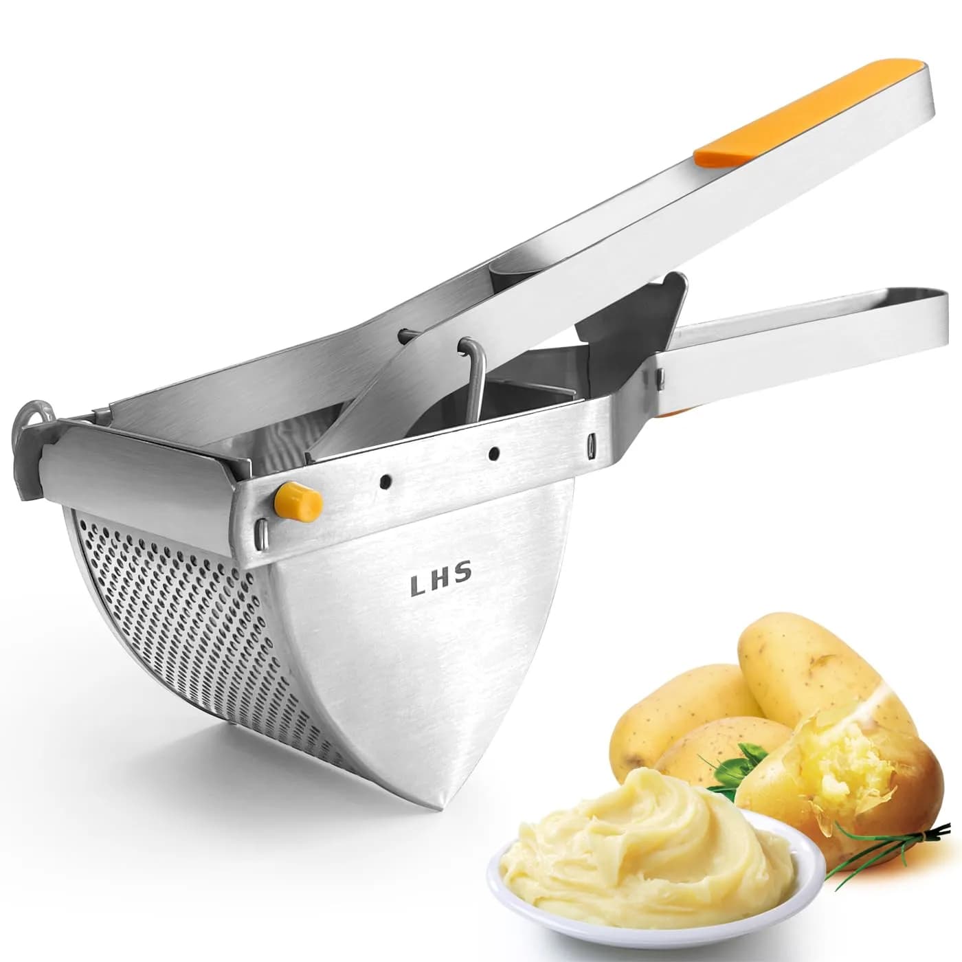 LHS Stainless Steel Potato Ricer and Masher, Heavy Duty Commercial Food Masher, Ergonomic Comfort Grip, Extra Large Capacity, Dishwasher Safe (Black) | 0.6 kg (1.32 lb) — Orange