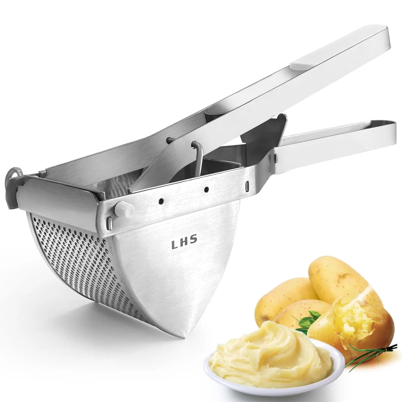 LHS Stainless Steel Potato Ricer and Masher, Heavy Duty Commercial Food Masher, Ergonomic Comfort Grip, Extra Large Capacity, Dishwasher Safe (Black) | 0.6 kg (1.32 lb) — White