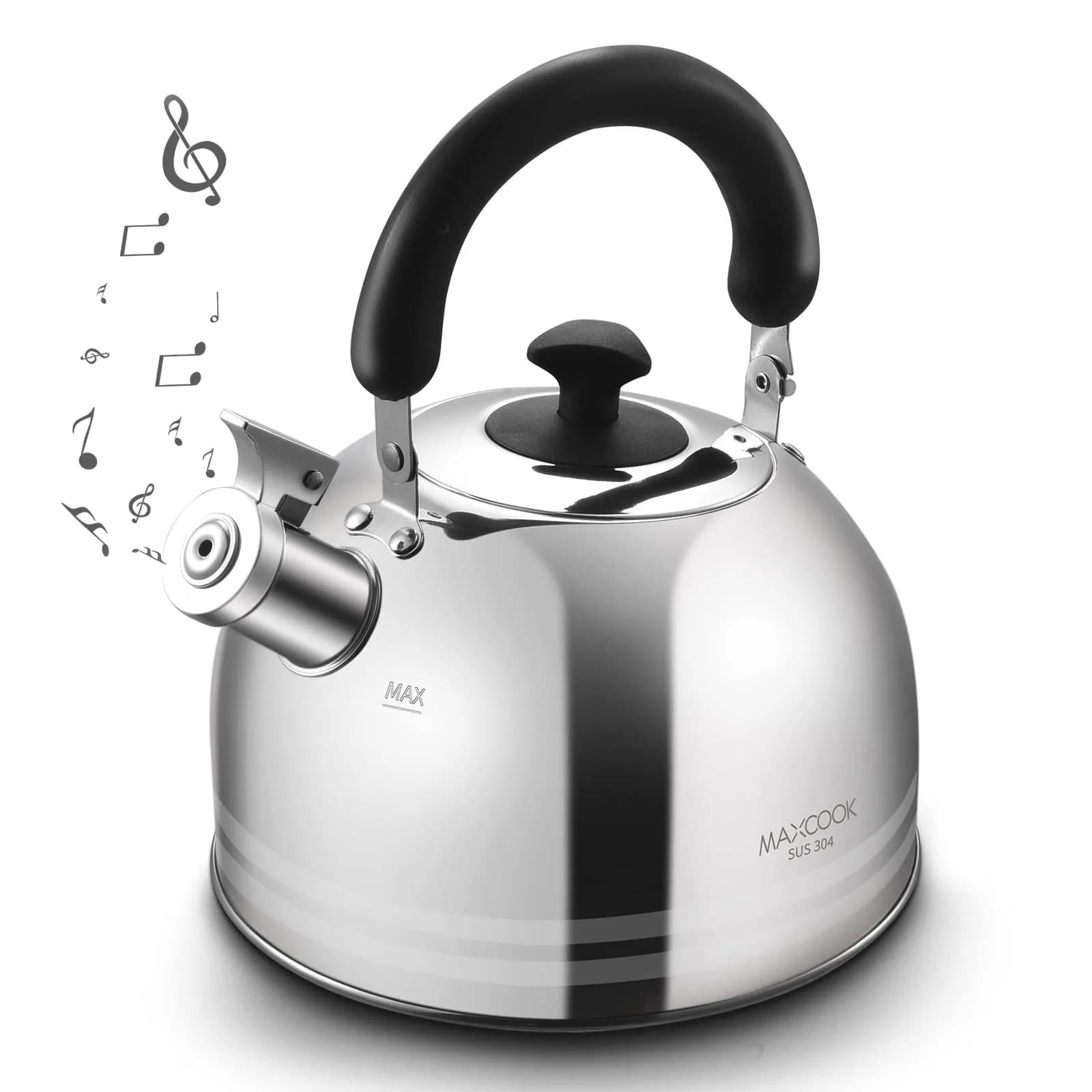 MAXCOOK 4.2 Quart/4L Stainless Steel Whistling Tea Kettle | Induction Compatible, Brushed Satin Finish — Silver Stripe