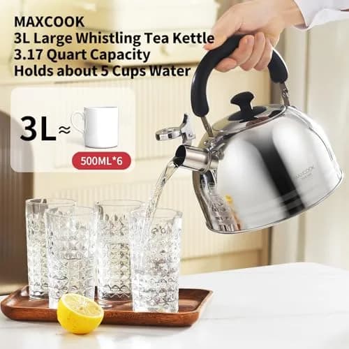 MAXCOOK Whistling Tea Kettle 3L (101.4 Fl Oz) Mirror Polish Stainless Steel Stove Top Kettle with Anti-Heat Handle | Induction Ready thumbnail 4