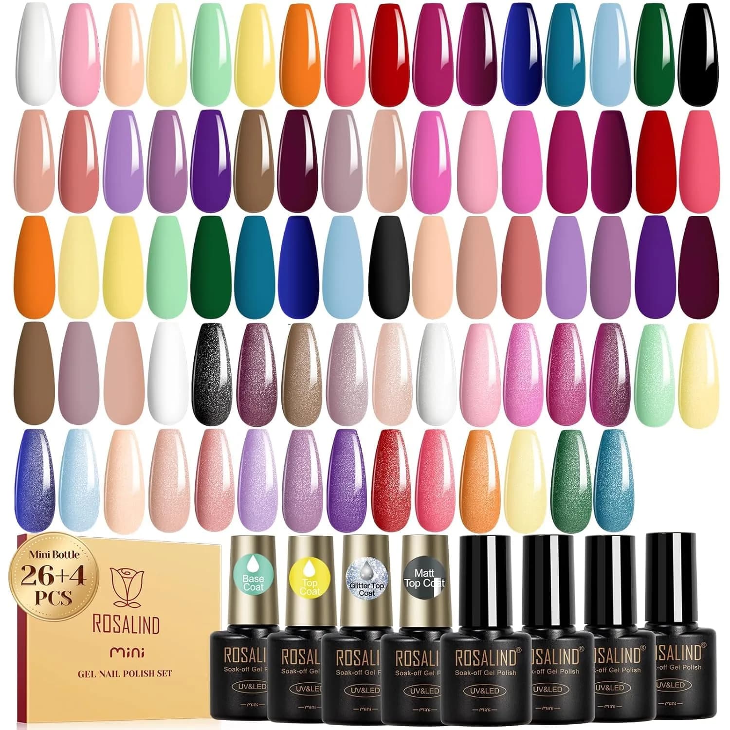 ROSALIND 30pcs Gel Nail Polish Set with Base and Gel Top Coat, 5.1 fl oz (156ml) | Professional Salon Quality for DIY Manicures - main product image