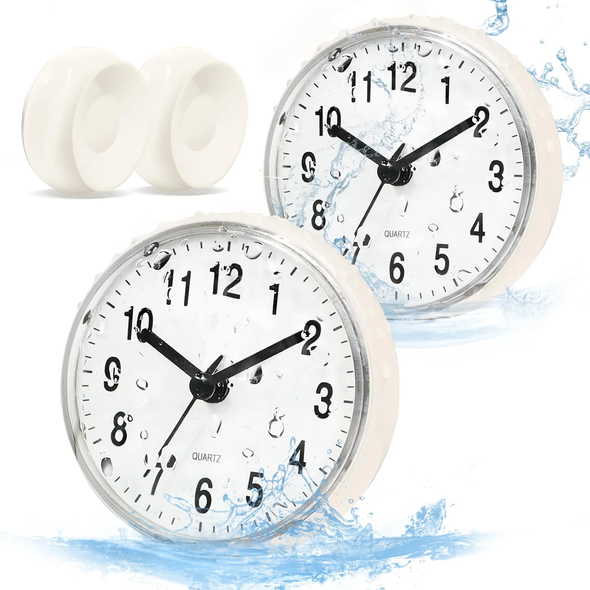 Betus Waterproof Bathroom Shower Clock with Large Suction Cup - Silent, Water Proof, Battery Operated Wall Clock for Toilet, Kitchen, Bedroom (White, 2-Pack)
