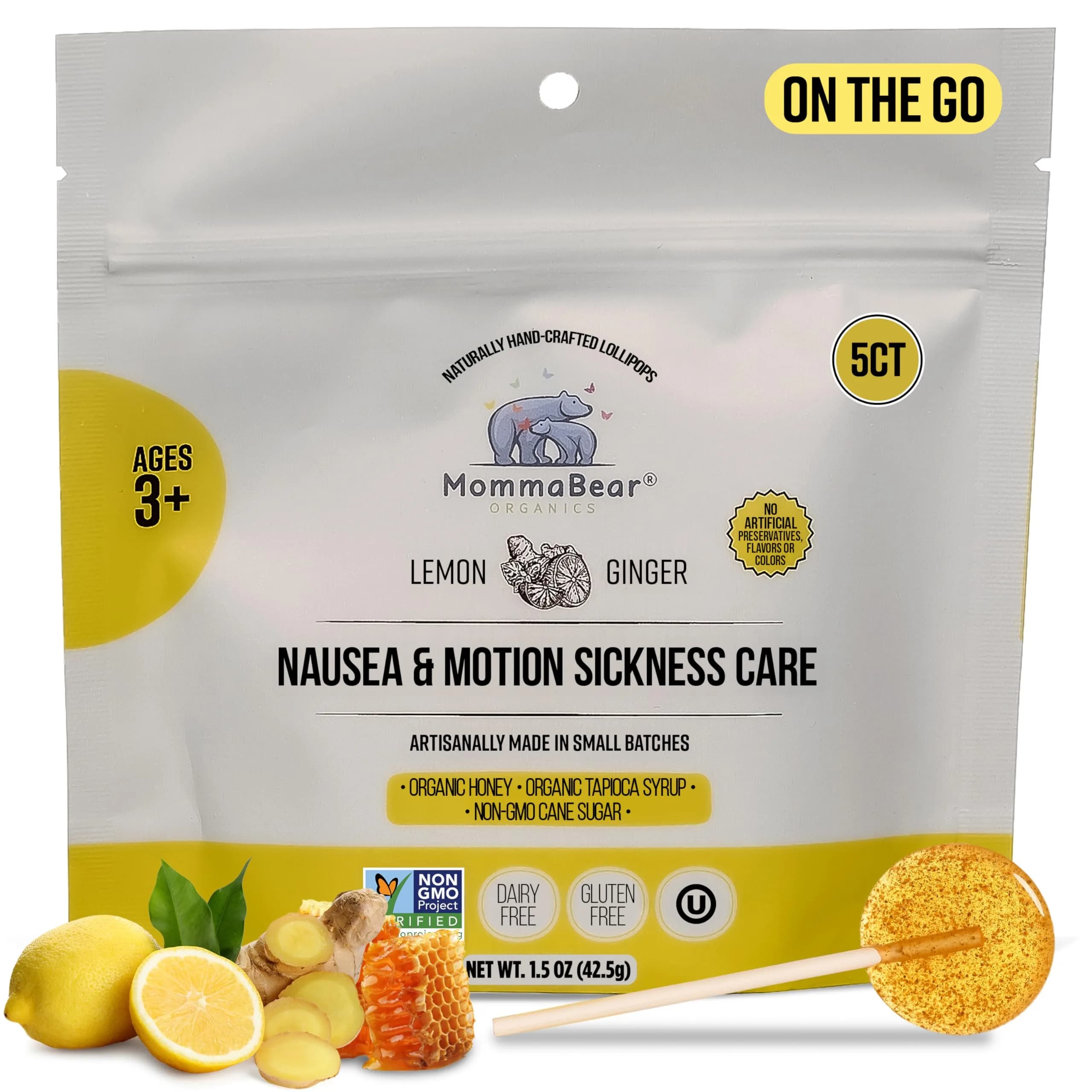 MommaBear Nausea & Motion Sickness with Real Honey & Ginger – 10 Pack | Gentle Relief for Pregnant & Kids — Drop