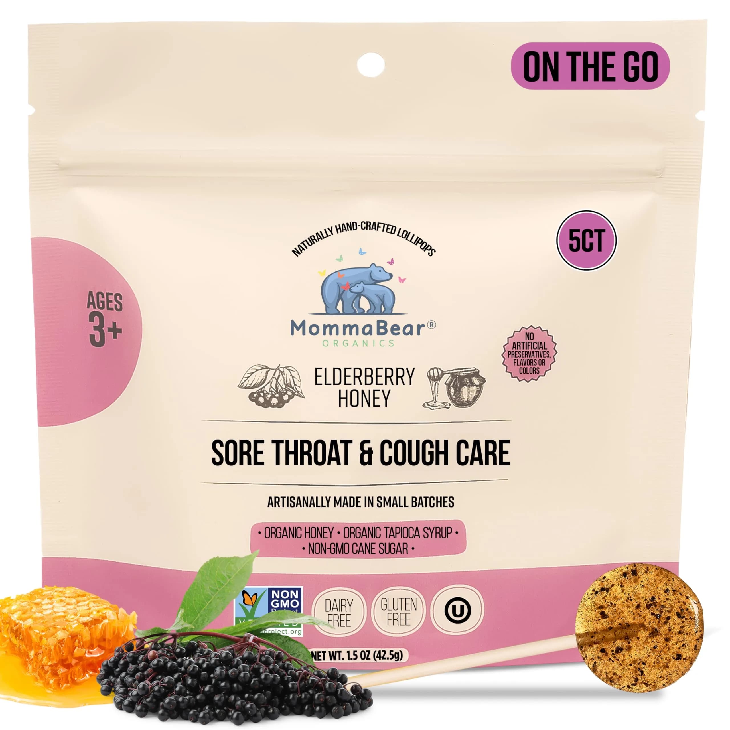 MommaBear Nausea & Motion Sickness with Real Honey & Ginger – 10 Pack | Gentle Relief for Pregnant & Kids — Elderberry & Honey