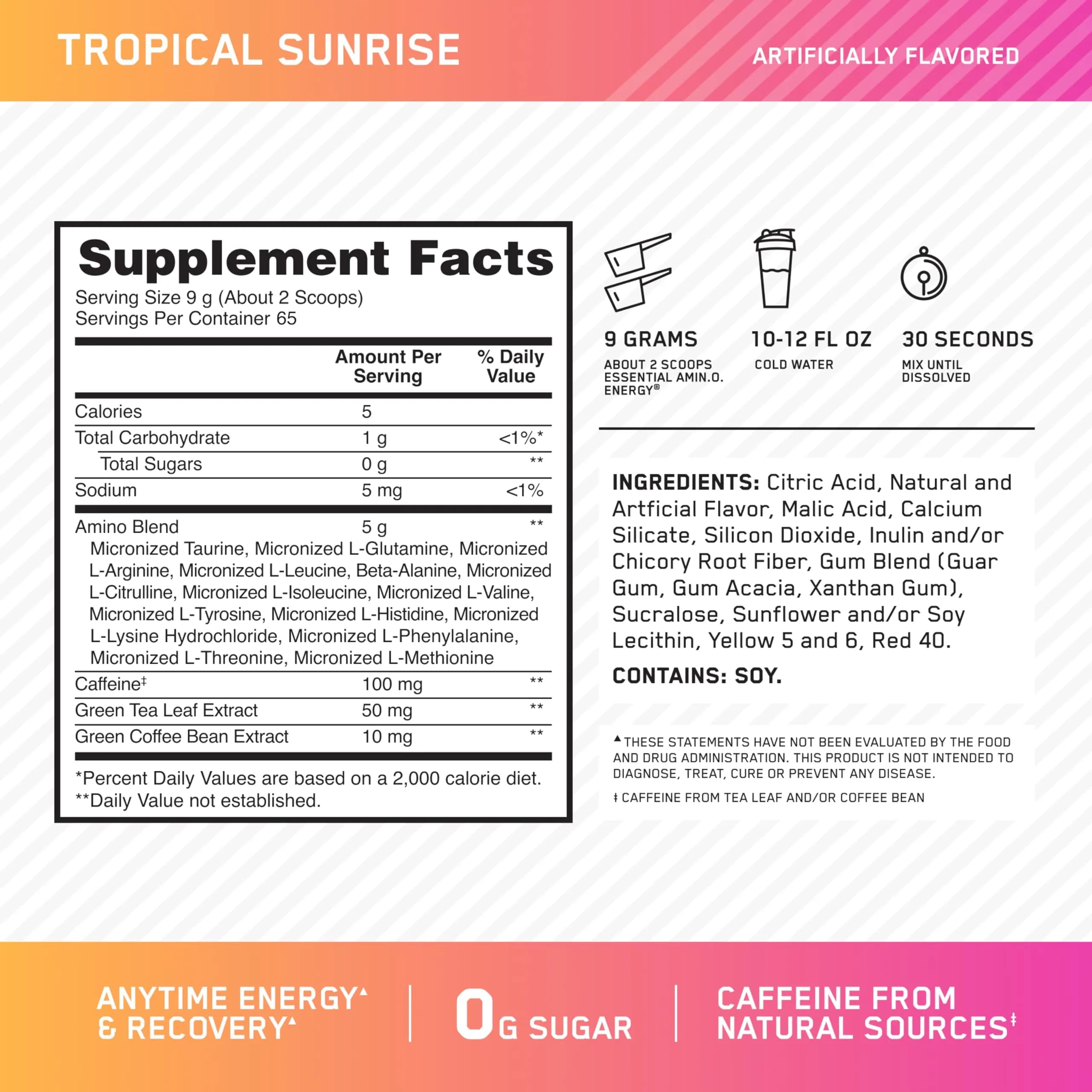 Optimum Nutrition Amino Energy Tropical Sunrise Flavor, 65 Servings (1.29 lb / 584g) | Energy & Recovery Blend thumbnail 2