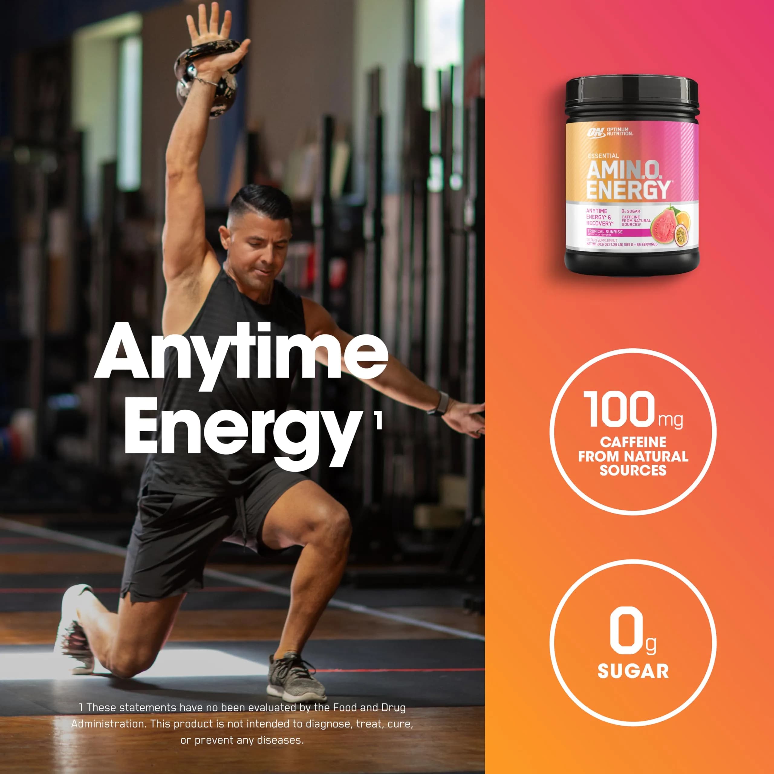 Optimum Nutrition Amino Energy Tropical Sunrise Flavor, 65 Servings (1.29 lb / 584g) | Energy & Recovery Blend thumbnail 3