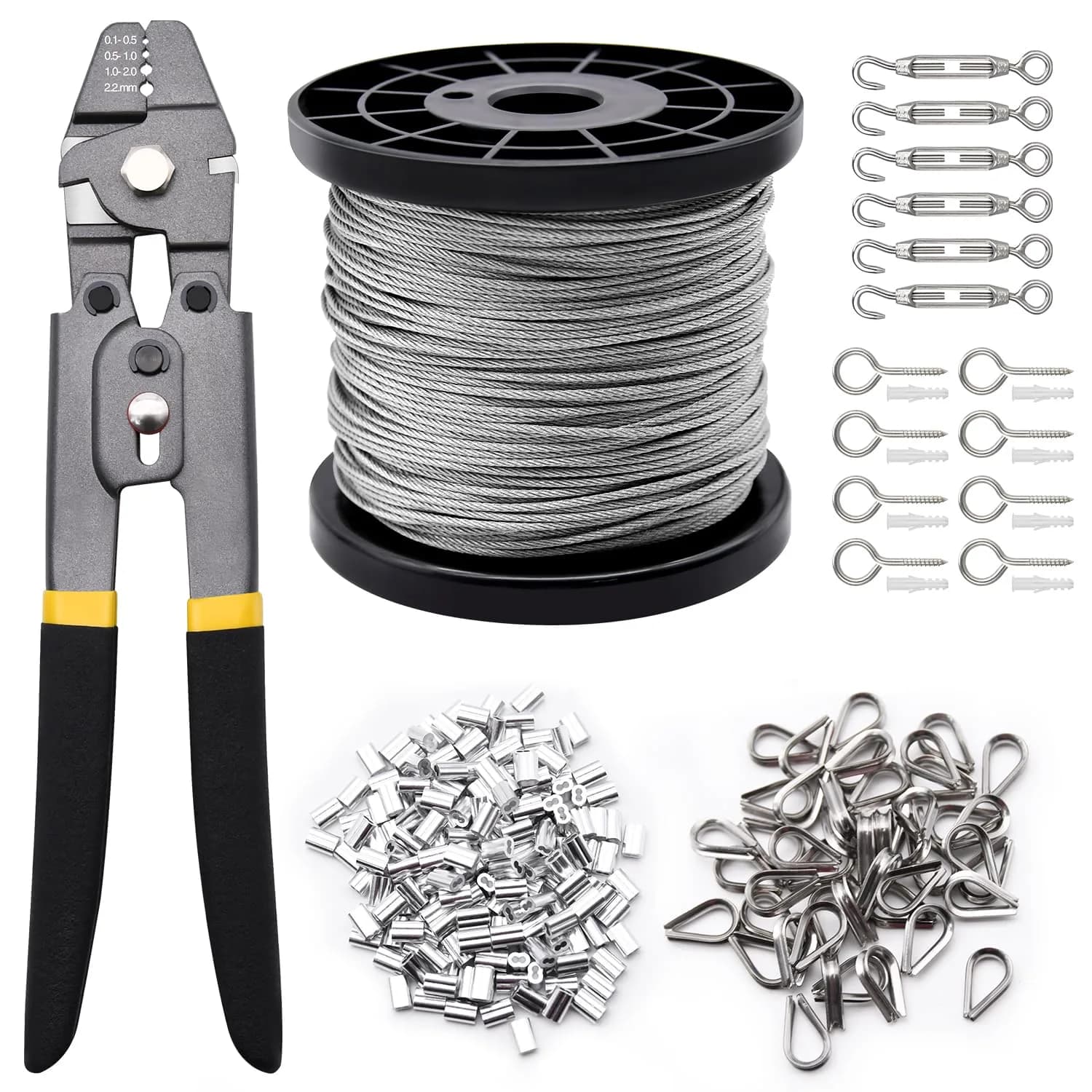 FGBNM Heavy Duty Wire Rope Crimping Tool Kit with 328ft 1/16" Stainless Steel Cable & Aluminum Sleeves | Crimper, Cutters, Thimbles Included — 328ft Wire Rope Set + Hooks