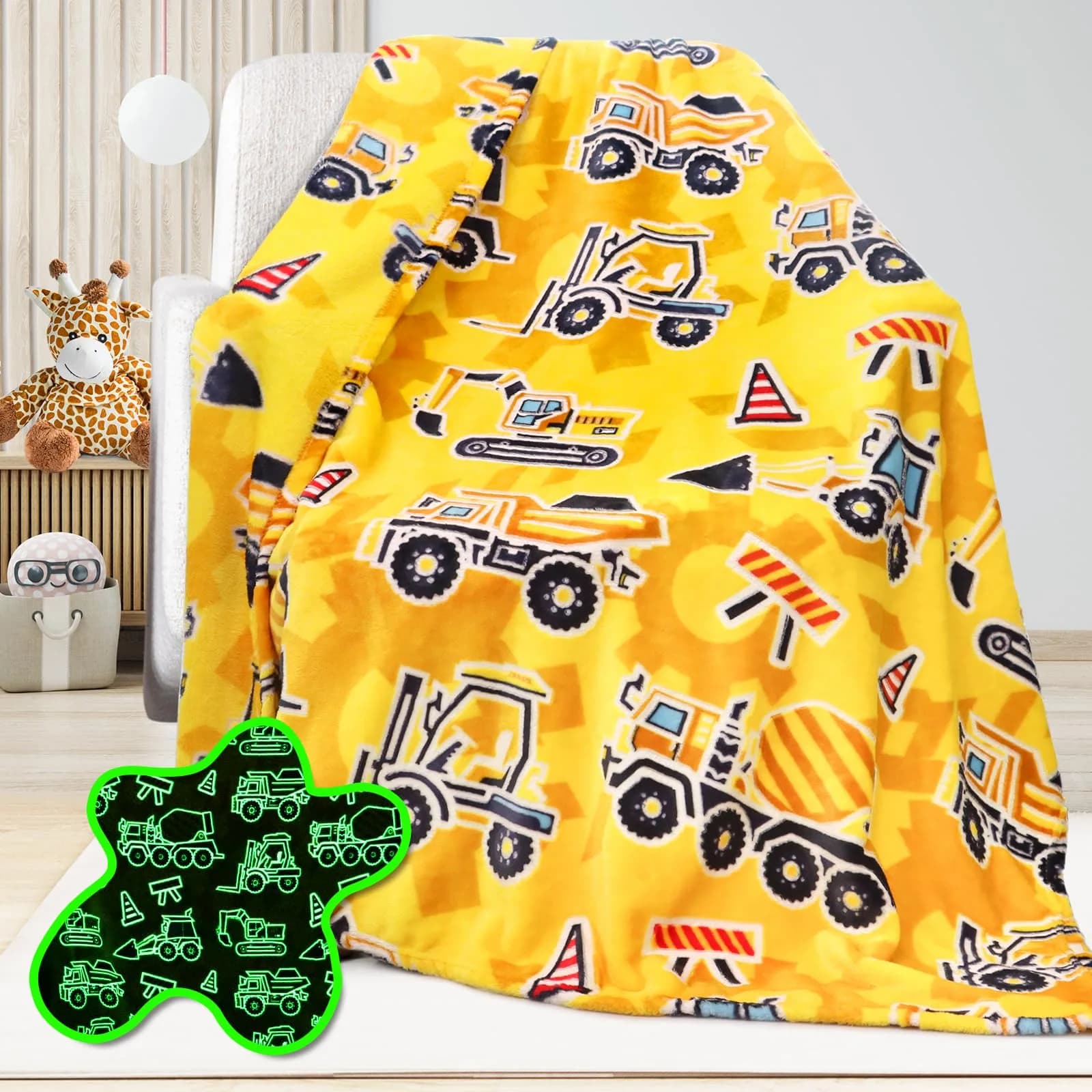 UOFON Construction Truck Excavator Blanket for Boys, Kids, 50" x 60" | Glow in the Dark Cozy Fleece Throw - main product image