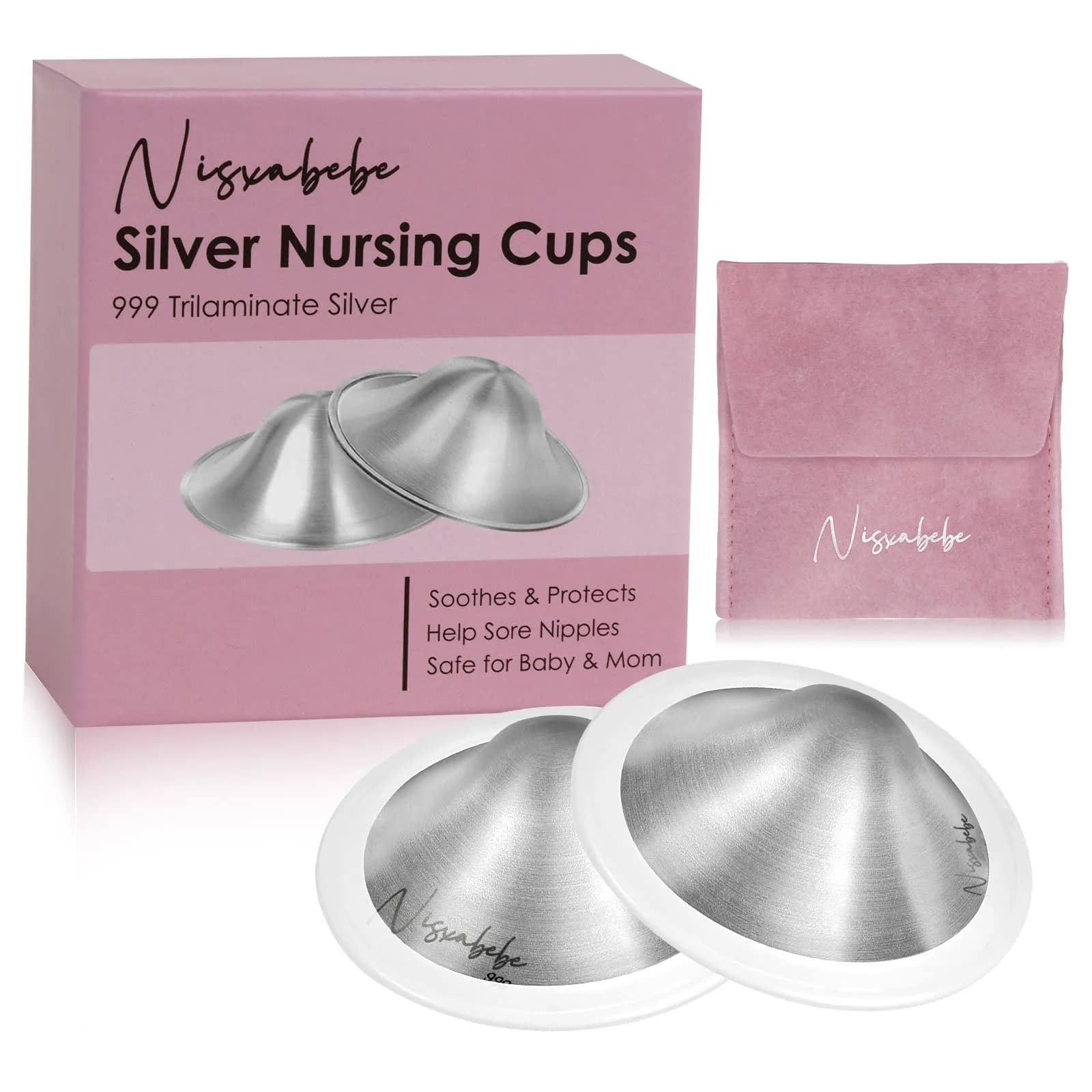 NISXABEBE Original Silver Nursing Cups for Breastfeeding Newborns | 999 Pure Silver, Regular Size - main product image