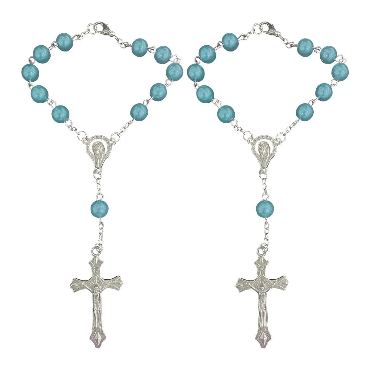 smilfuy Car Rosary Rearview Mirror Charm Pendant - Cyan, 2-Pack | Christian/Catholic Auto Decor