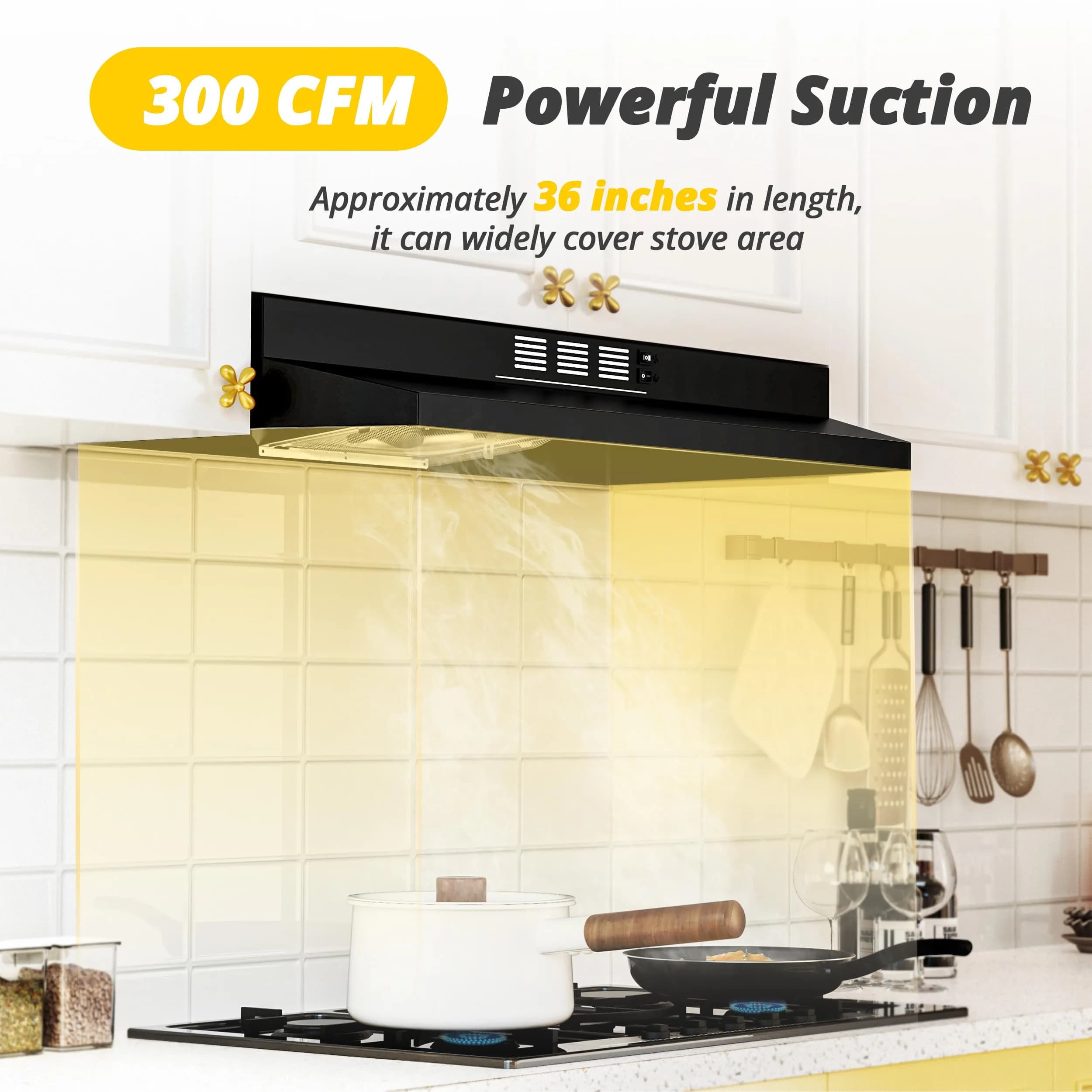 FIREGAS 91.4cm (36 Inch) Under Cabinet Range Hood - Black Painted Stainless Steel, 300 CFM, 2-Speed, Convertible Duct/Ductless thumbnail 2