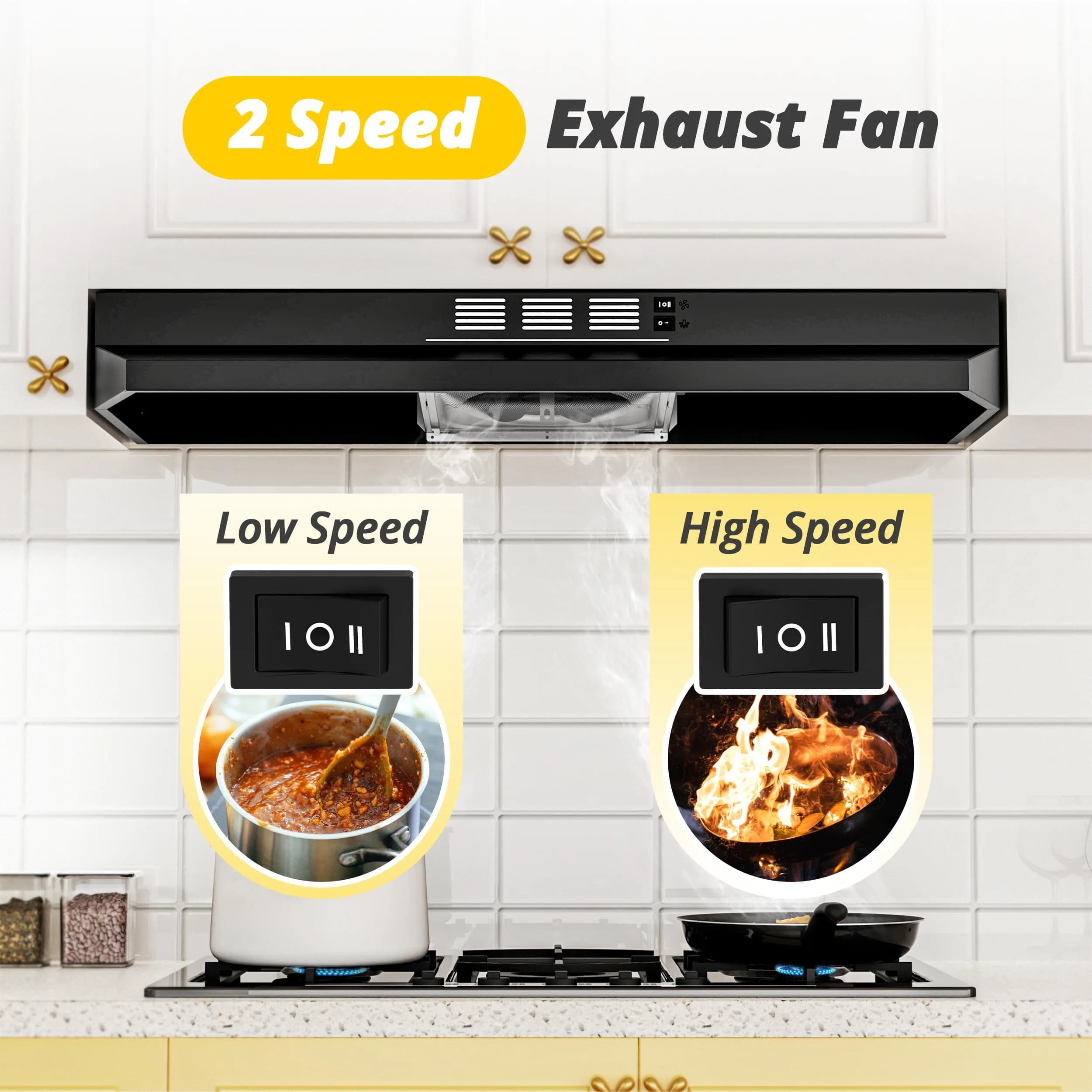 FIREGAS 91.4cm (36 Inch) Under Cabinet Range Hood - Black Painted Stainless Steel, 300 CFM, 2-Speed, Convertible Duct/Ductless thumbnail 3