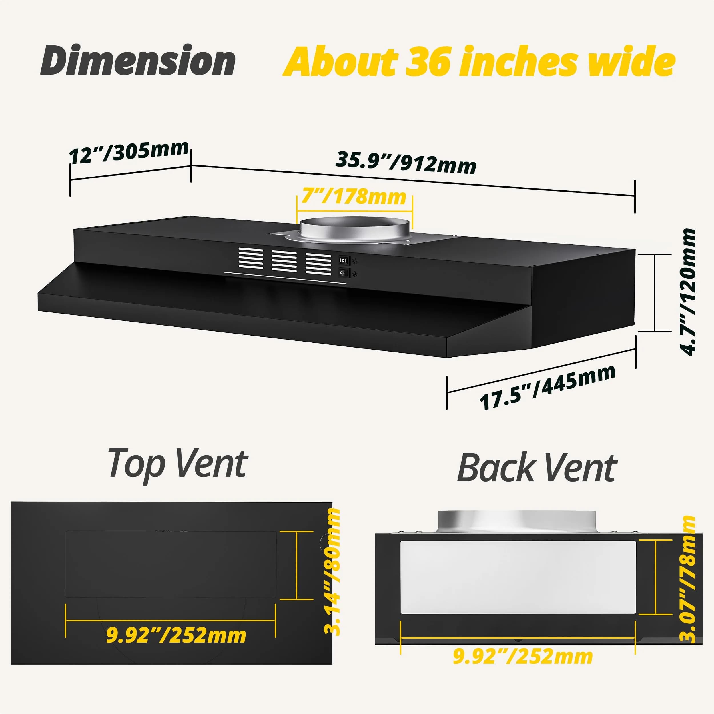 FIREGAS 91.4cm (36 Inch) Under Cabinet Range Hood - Black Painted Stainless Steel, 300 CFM, 2-Speed, Convertible Duct/Ductless thumbnail 6