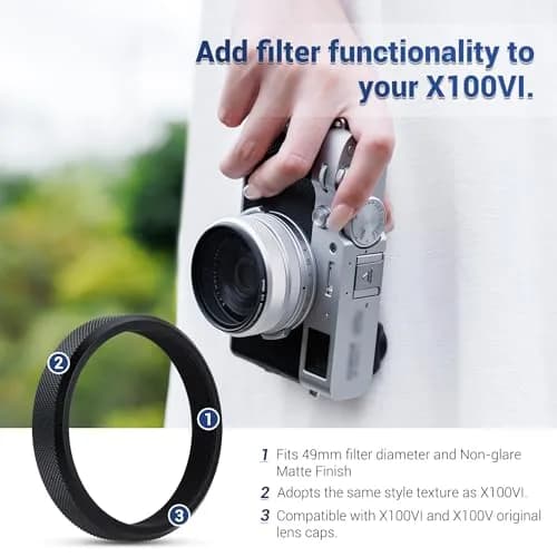 JJC Metal Lens Filter Adapter for Fuji X100VI X100V X100F X100T X100S X100 X70 Cameras | Fits 49mm Filters & Fuji FLCP-49 Lens Cap thumbnail 3